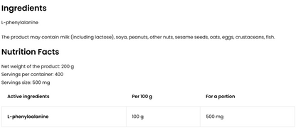 Phenylalanine 200 g – 100% L‑fenylalanine poeder, 400 porties | OstroVit