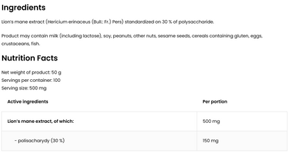 Lion’s Mane Extract – 50 g, 500 mg per portie, 30% polysacchariden | OstroVit