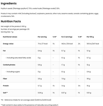 Fiber Psyllium VEGE 600 g – Psylliumvezel uit Zaad & Vlies, 85 Porties | OstroVit