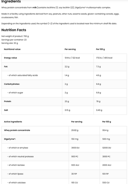 100% Whey Protein + DigeZyme – 700 g Naturel, 23 g eiwit | OstroVit