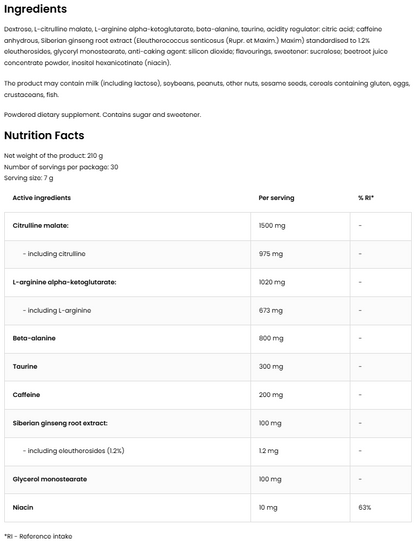 Endurance Pre‑Workout Grapefruit – 210 g, 200 mg cafeïne (30 porties) | OstroVit