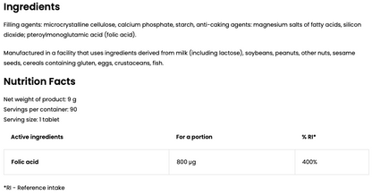Folic Acid – 90 vegan tabletten, 800 µg foliumzuur | OstroVit