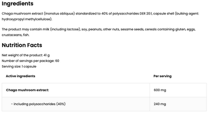 Chaga VEGE – 60 vegane Kapseln, 600 mg (40 % Polysaccharide) | OstroVit