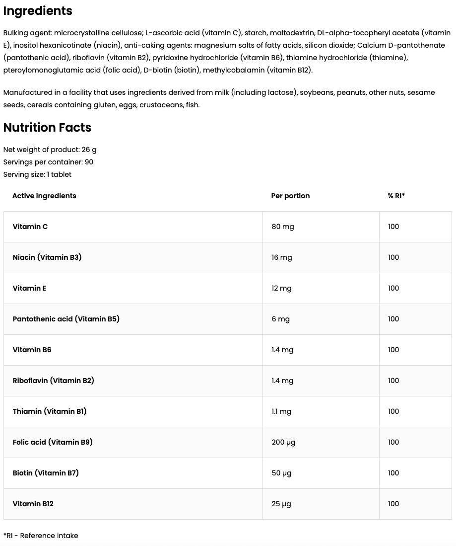 Vitamin B Complex – 90 tabletten, 100% RI B1‑B12 + C & E | OstroVit