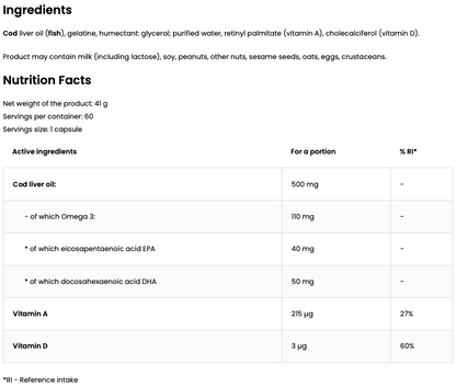 Torskelevertran – 60 softgels, 500 mg torskelevertran + vitamin A og D | OstroVit