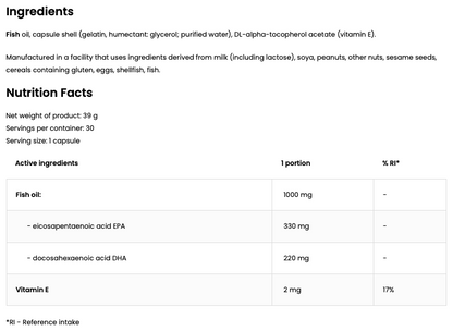 Elite Omega-3 – 30 Weichkapseln, 1000 mg Fischöl (EPA 330 mg, DHA 220 mg) + 2 mg Vitamin E | OstroVit Pharma