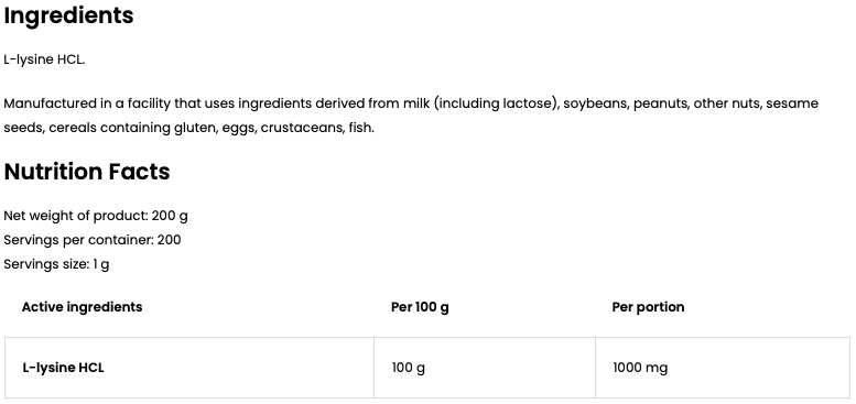 Lysine 200 g – 200 porties, 100% L‑lysine HCl (vegan) | OstroVit