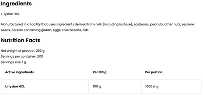 Lysine 200 g – 200 porties, 100% L‑lysine HCl (vegan) | OstroVit