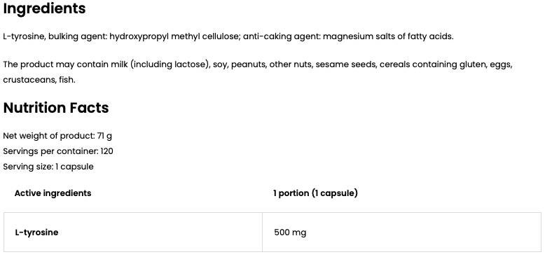 L‑Tyrosine 500 mg – 120 vegan capsules | OstroVit