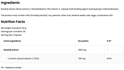 Natürliches Vitamin C – 30 vegane Kapseln, Hagebuttenextrakt | OstroVit Pharma