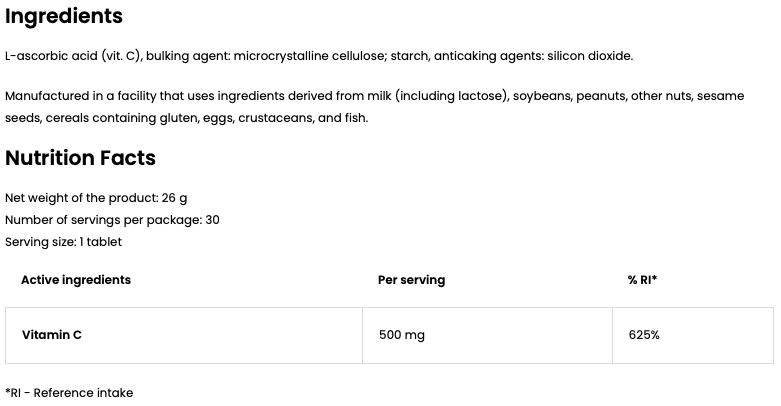 Vitamin C 500 mg – 30 tabletten, 1 per dag | OstroVit