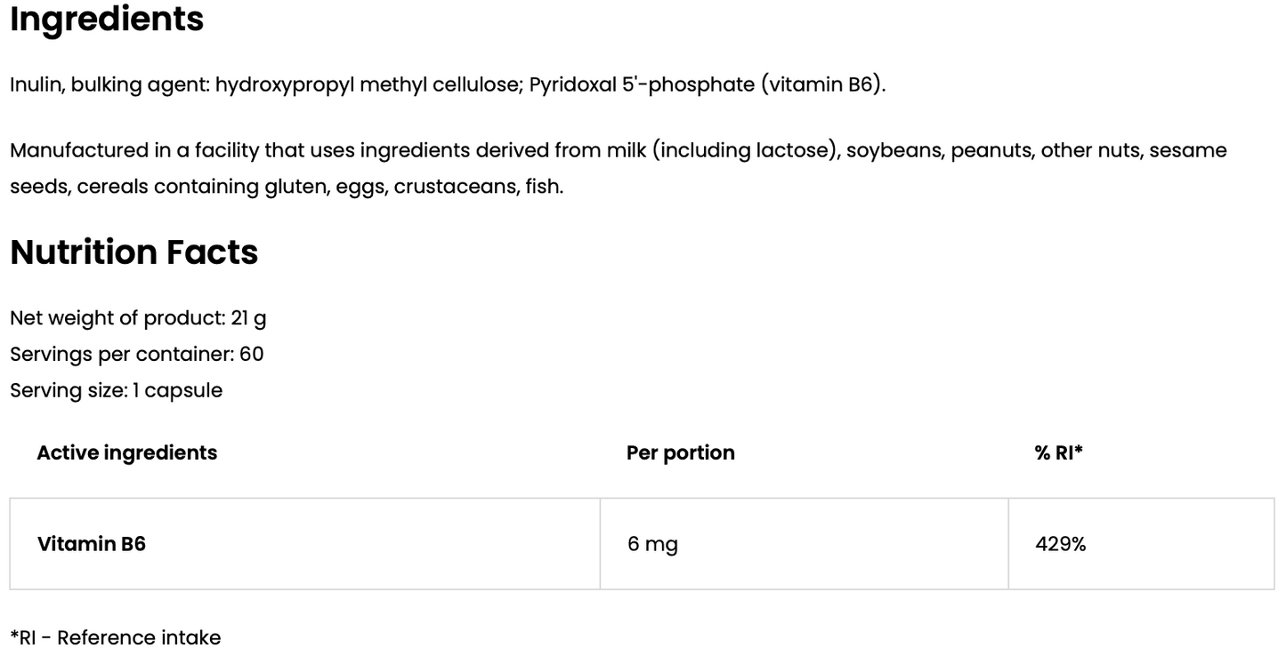 Vitamin B6 P‑5‑P – 60 vegan capsules, 6 mg per dag | OstroVit