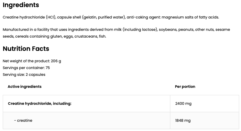 Creatine HCl 2400 mg – 150 capsules, 75 porties | OstroVit