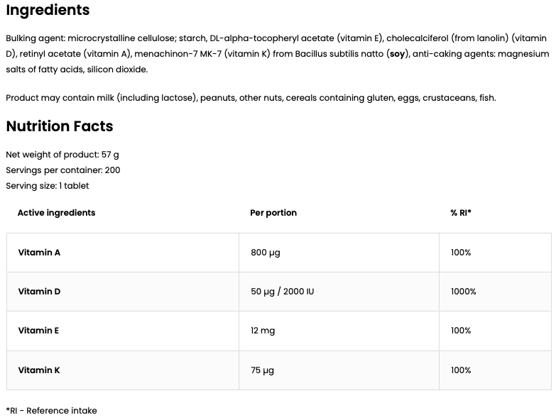 ADEK – 200 tabletten, Vitamines A, D3, E & K2 | OstroVit