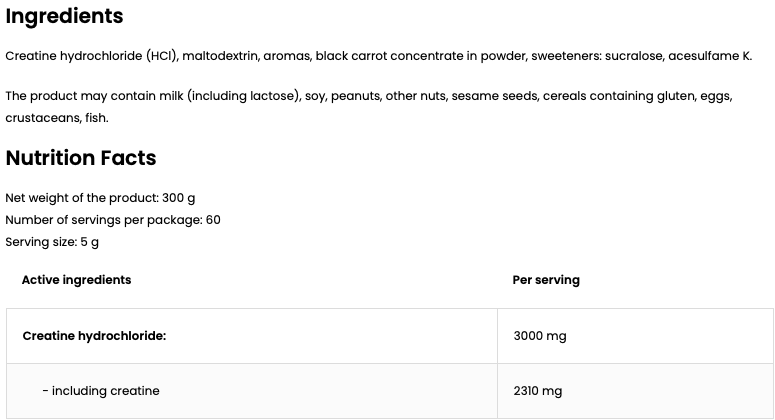 Creatine HCl – 300 g, Zwarte bes & kers, 60 porties | OstroVit