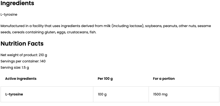 Tyrosine – 210 g poeder, 1 500 mg per portie | OstroVit