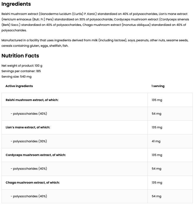 Quatro Mushroom Blend VEGE – 100 g poeder, 4‑in‑1 extracten | OstroVit