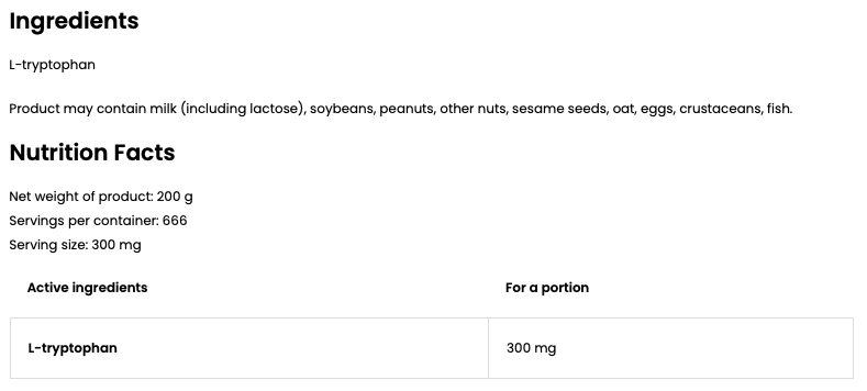 Tryptophan – 200 g poeder, 300 mg per portie | OstroVit