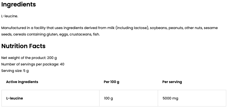 Leucine – 200 g poeder, 5 g per portie, Zonder toevoegingen | OstroVit
