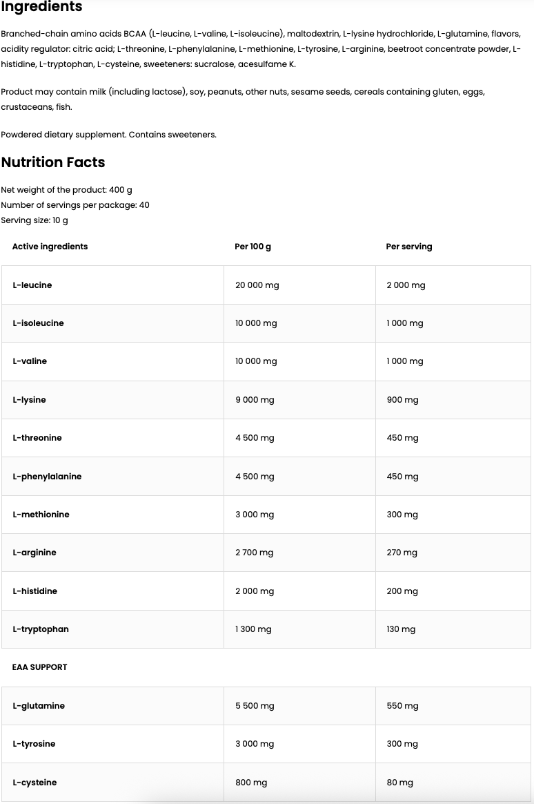 EAA – 400 g grapefruit, Compleet EAA‑profiel | OstroVit