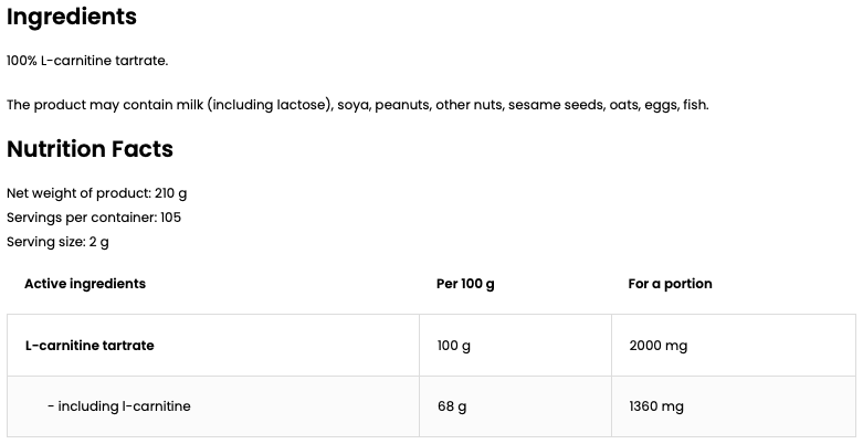L-Carnitin | 210 g | Supreme Pure Natural | OstroVit
