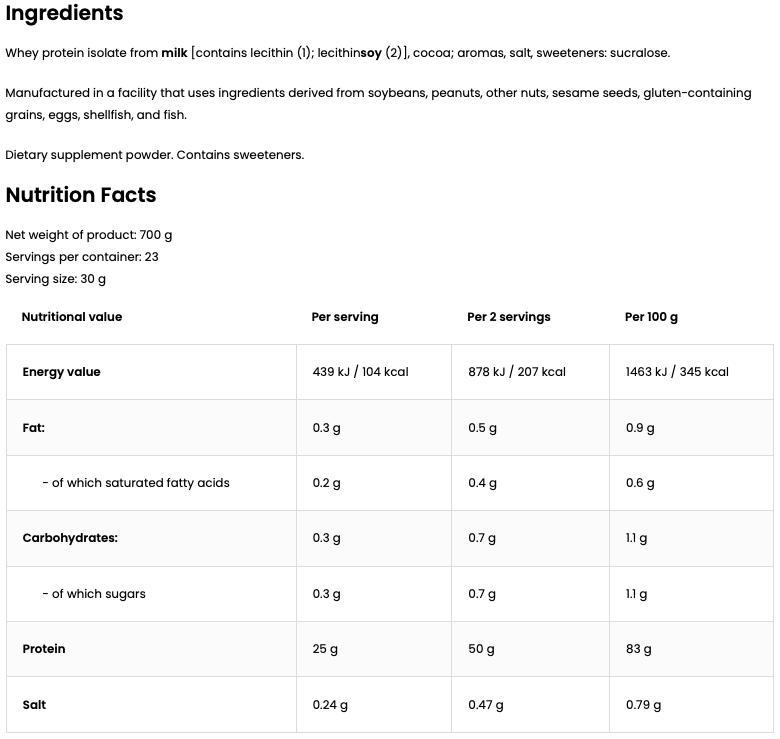 100% Whey Isolate Chocolade – 700 g, 25 g eiwit | OstroVit