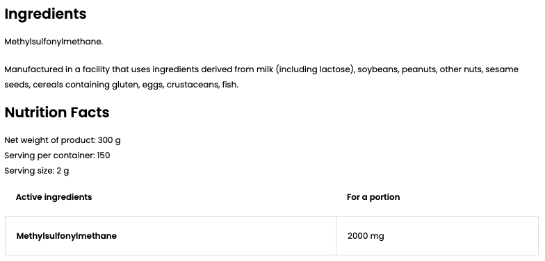MSM | Methylsulfonylmethan | Naturlig | Supreme Pure | 300 g | 150 portioner | OstroVit