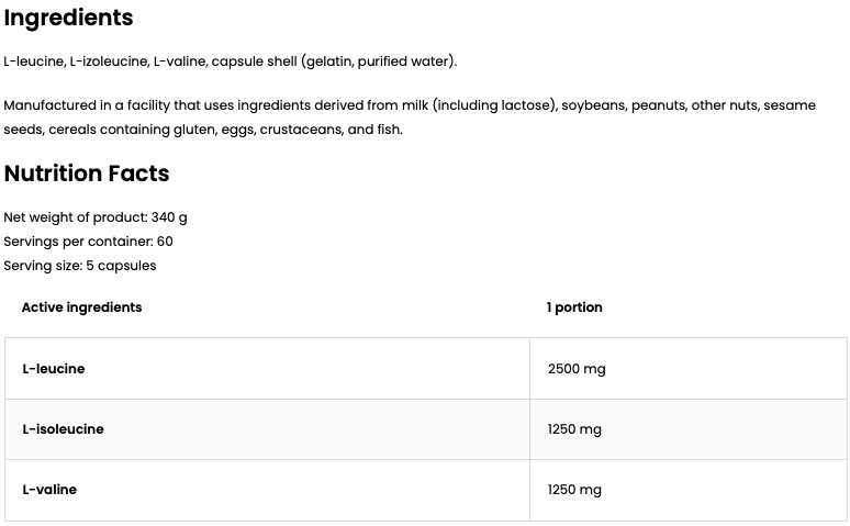 BCAA | L-leucin, L-isoleucin, L-valin | 5000mg | 300 kapsler | OstroVit