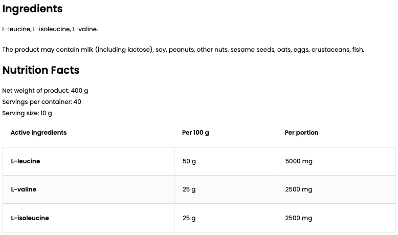 BCAA 2:1:1 – 400 g poeder naturel | 10 g per portie