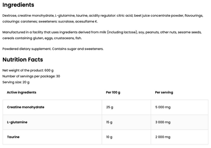CGT – 600 g poeder Perzik, 5 g creatine + 3 g glutamine + 2 g taurine | OstroVit