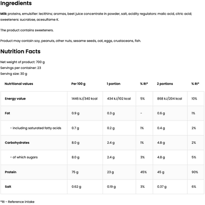 Micellar Casein Aardbei – 700 g, 23 g eiwit per portie | OstroVit