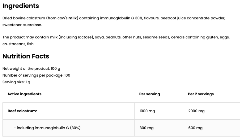 Colostrum 100 g – Romige Aardbei, 30% IgG, 100 porties | OstroVit Pharma