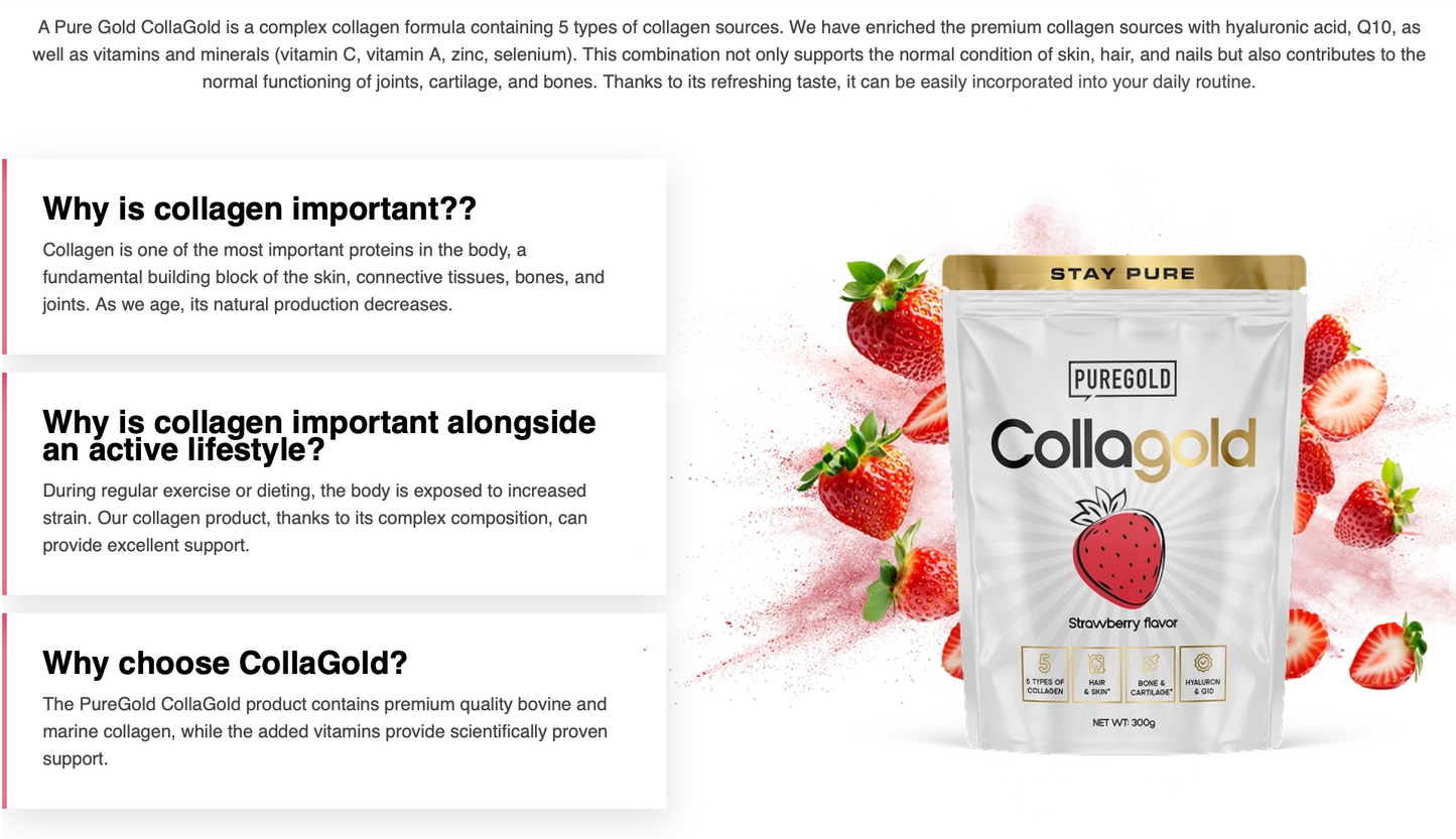 PureGold CollaGold Aardbei – 300 g collageendrank, 10 g collageen + vit. C, A, zink & selenium