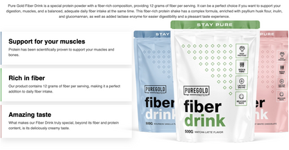PureGold Fiber Drink Dubai Chocolate – 500 g, 24 g eiwit + 13 g vezels per portie