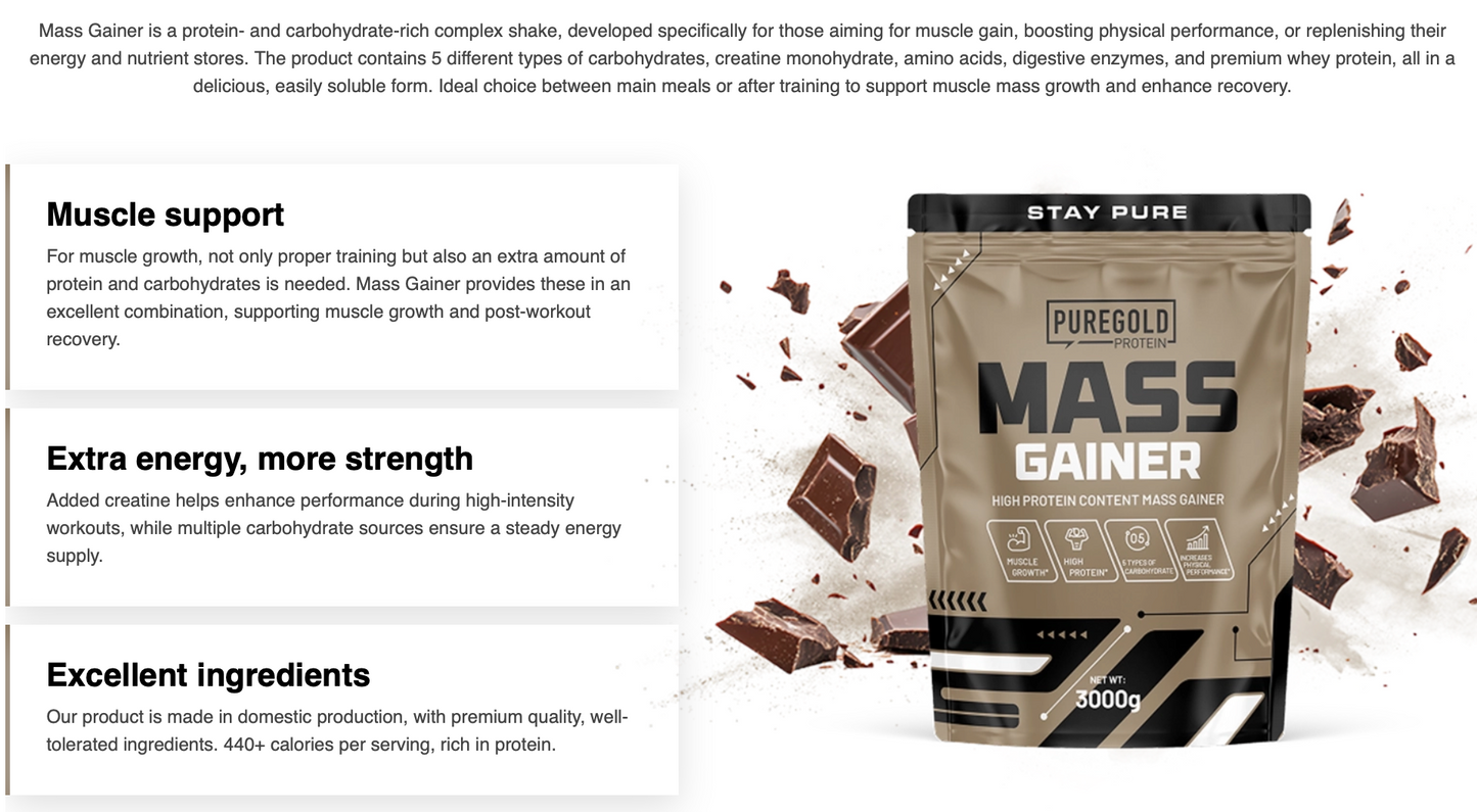 PureGold Mass Gainer Vanille – 3000 g, 444 kcal + 28 g eiwit + 3 g creatine per portie