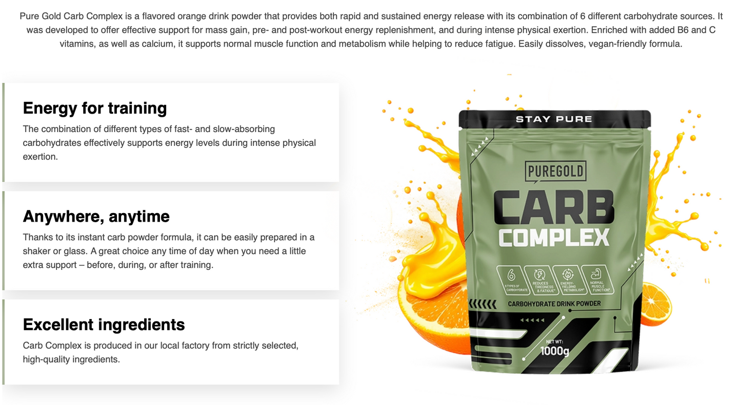 PureGold Carb Complex Orange Juice – 1000 g, 6 carb‑mix + vit. C & B6 + calcium