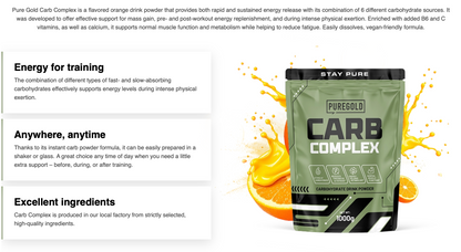 PureGold Carb Complex Orange Juice – 1000 g, 6 carb‑mix + vit. C & B6 + calcium