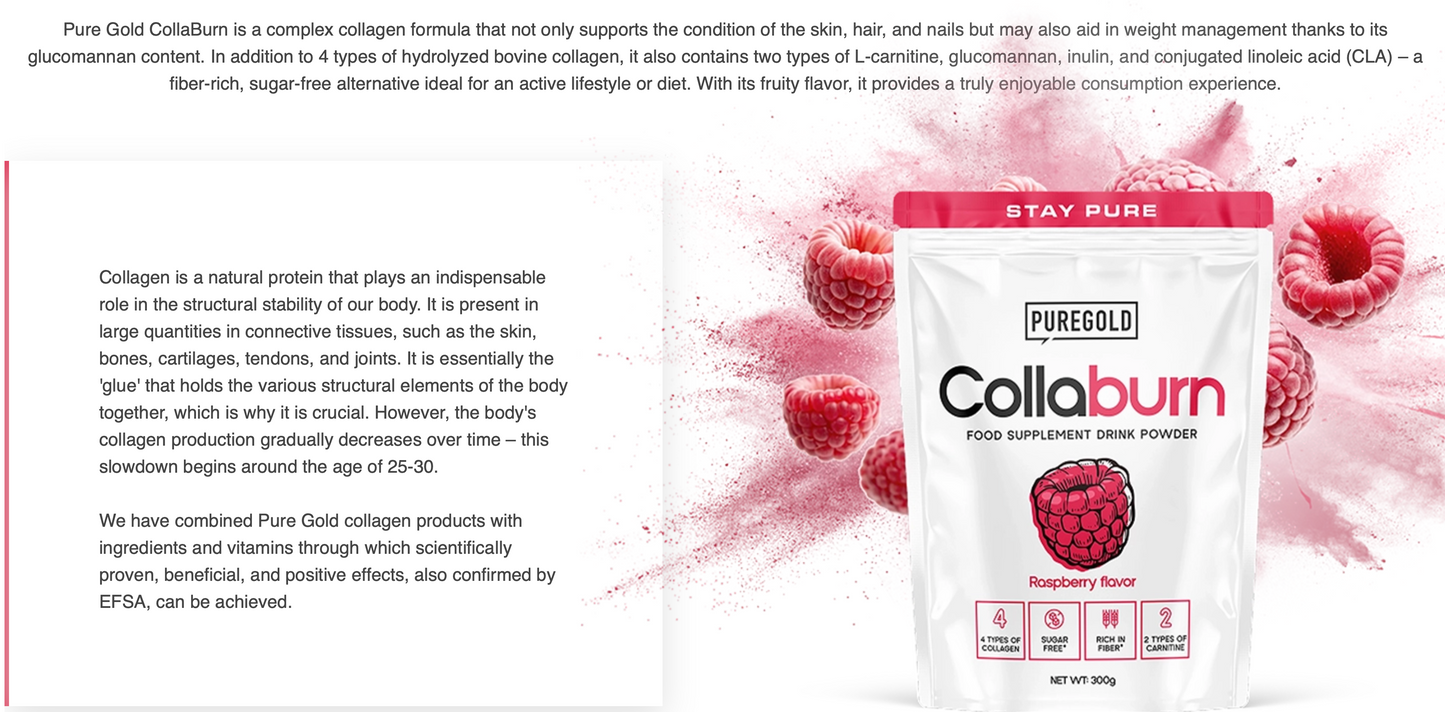 Pure Gold CollaBurn Raspberry 300 g – collageen + glucomannan + vit. C, zink & chroom, suikervrij, vezelrijk