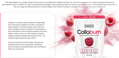 Pure Gold CollaBurn Raspberry 300 g – collageen + glucomannan + vit. C, zink & chroom, suikervrij, vezelrijk