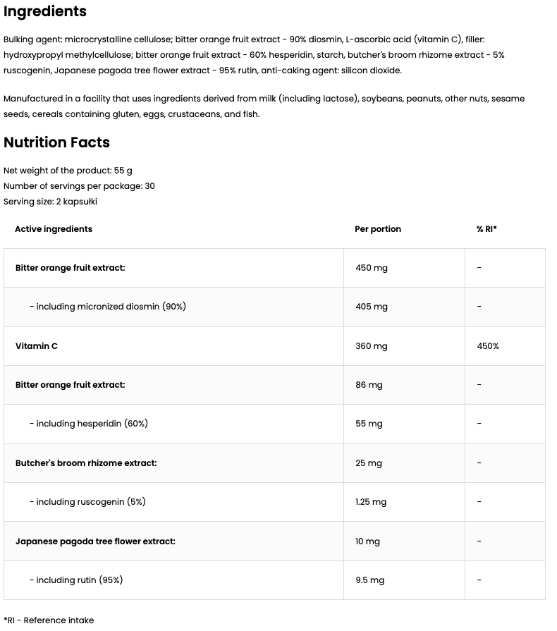 Diosmin + Hesperidin + Rutin + Ruscogenin + Vitamine C, 60 Capsules | OstroVit