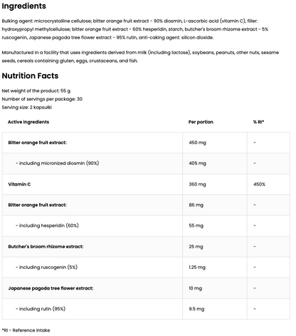 Diosmin + Hesperidin + Rutin + Ruscogenin + Vitamine C, 60 Capsules | OstroVit