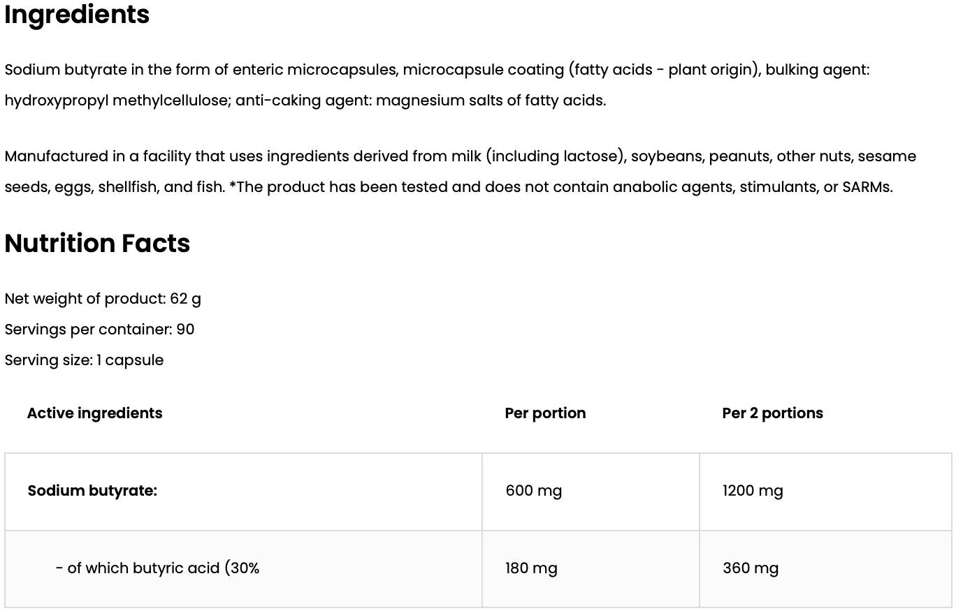 Sodium Butyrate 600 mg 90 Capsules, Enterische Microcapsules, Gluten Vrij - natriumbutyraat