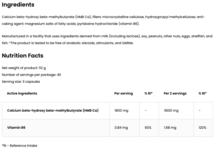 HMB 3600 Plus + Vitamine B6 120 Capsules, Gluten Vrij - 40 Porties