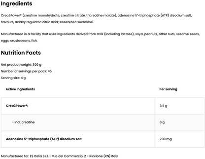 Creatina 5.0 – Crea3Power creatine + ATP, 300 g, Gluten Vrij - groene appel & grapefruit