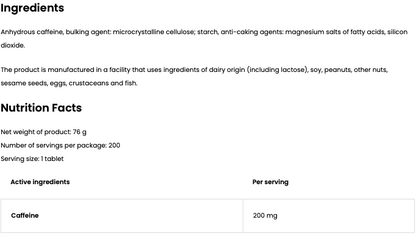 Cafeïne 200 mg 200 Tabletten, Gluten Vrij, Vegan - 200 Doseringen