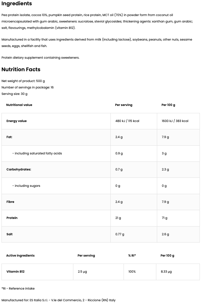 VPR Vegetal Protein Cacao 500 g, 21 g Eiwit, Vegan + Vitamine B12 - Gluten & Aspartaam Vrij