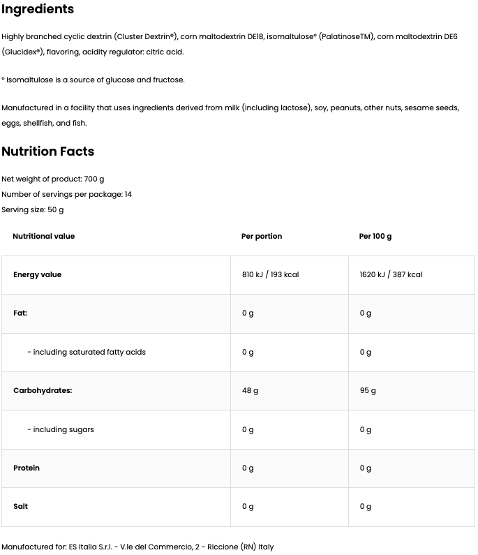 Super Dextrin 700 g – koolhydraatpoeder, 48 g koolhydraten per portie, vegan, Cafeïnevrij, aspartaamvrij