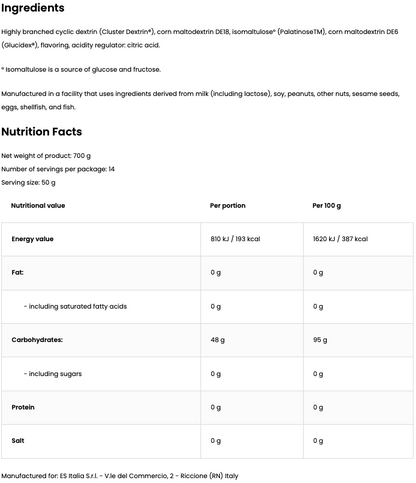 Super Dextrin 700 g – koolhydraatpoeder, 48 g koolhydraten per portie, vegan, Cafeïnevrij, aspartaamvrij
