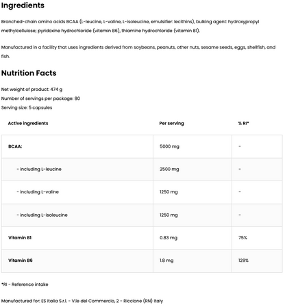 Ramtech BCAA 2:1:1 – 5000 mg per portie + vit. B1 & B6, 400 capsules, Gluten Vrij
