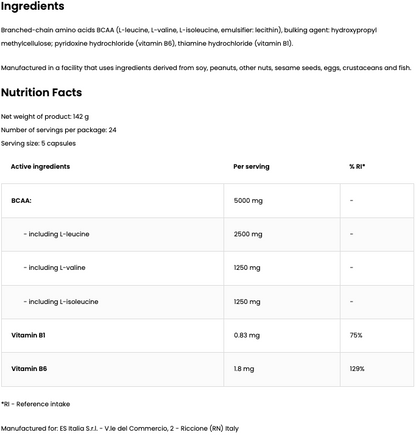 Ramtech BCAA 2:1:1 – 5000 mg per portie + vit. B1 & B6, 120 capsules